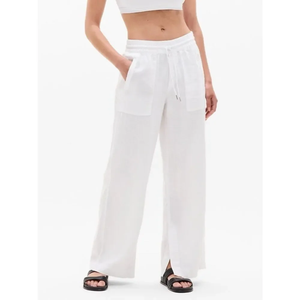 Athleta Retreat Linen High Rise Wide Leg Pants White Womens XS Split Leg Hem NWT